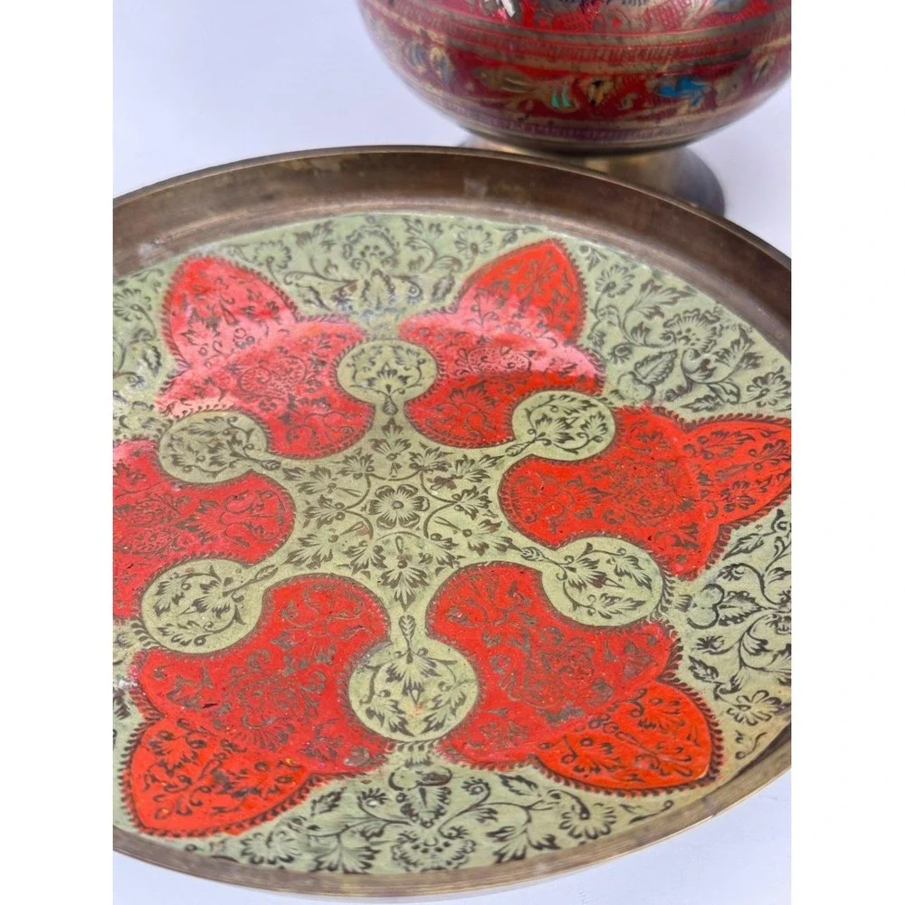 Middle Eastern Style Brass Enamelware Collection — 3 Pieces — Floral & Geometric